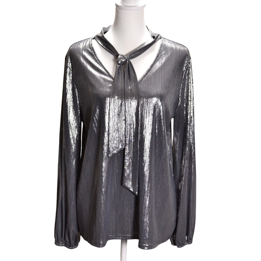 YOINS Metallic Silver Tie Neck Blouse Womens L Silver Excellent Shimmer Vintage